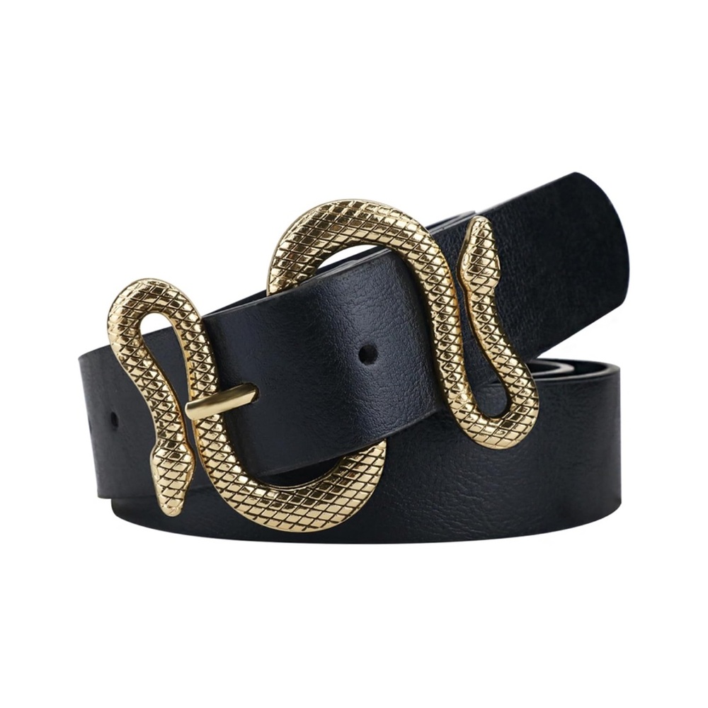 New! Snake Black Vegan Leather Gold Snake Belt (4977)